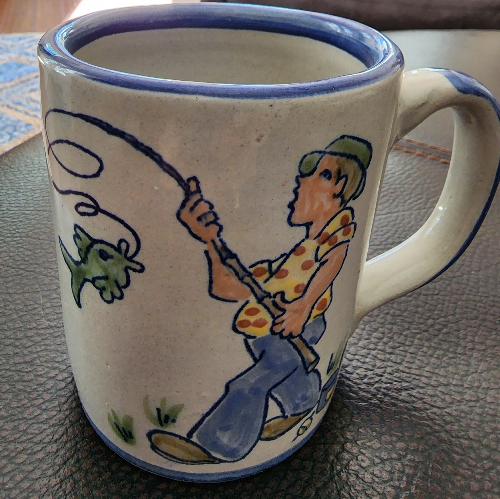father, papa,dad,pop pop. Vintage Louisville Stoneware mug with fishing motif